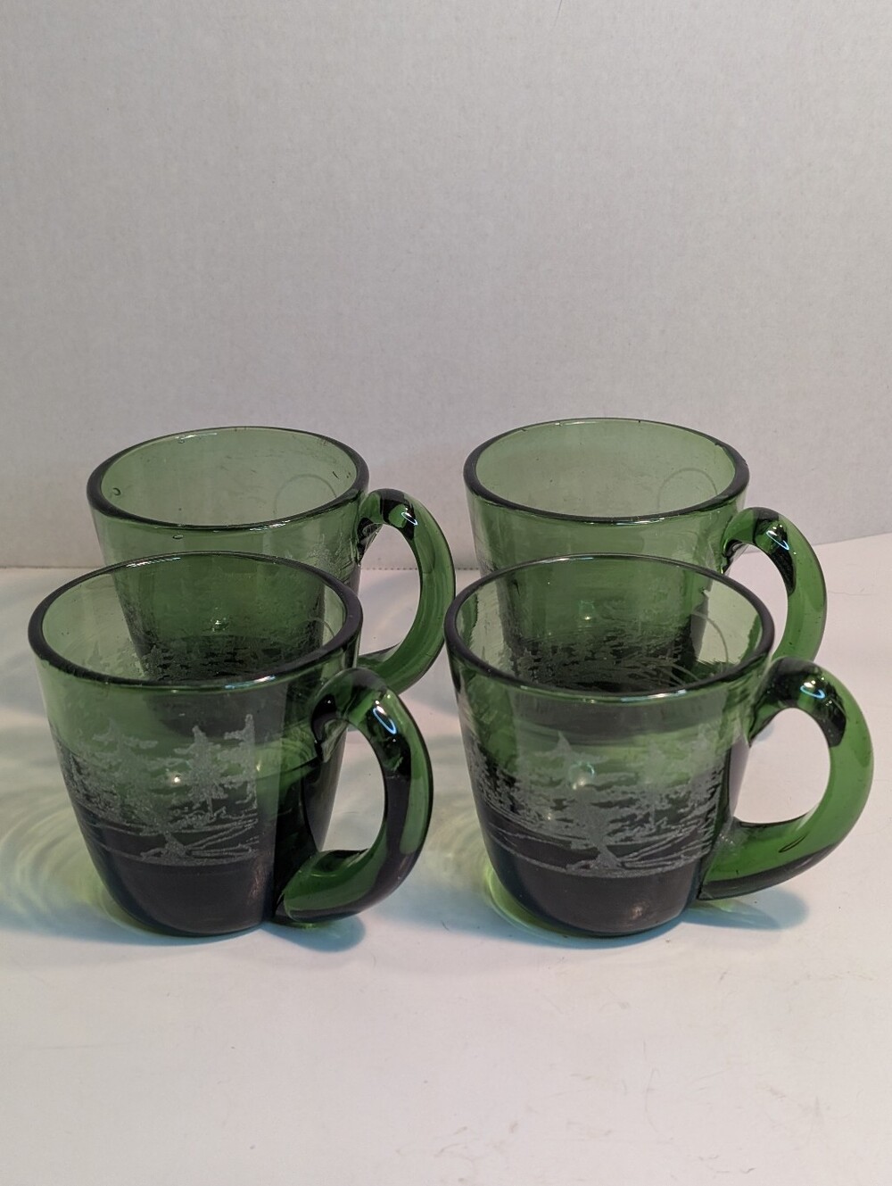 Set of 4 Vintage Haliburton Forest Green Blown Art Glass Mugs with Handles.